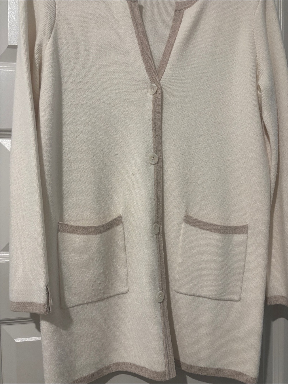 J. McLaughlin Cream Cardigan with Taupe Trim - Picture 3 of 6